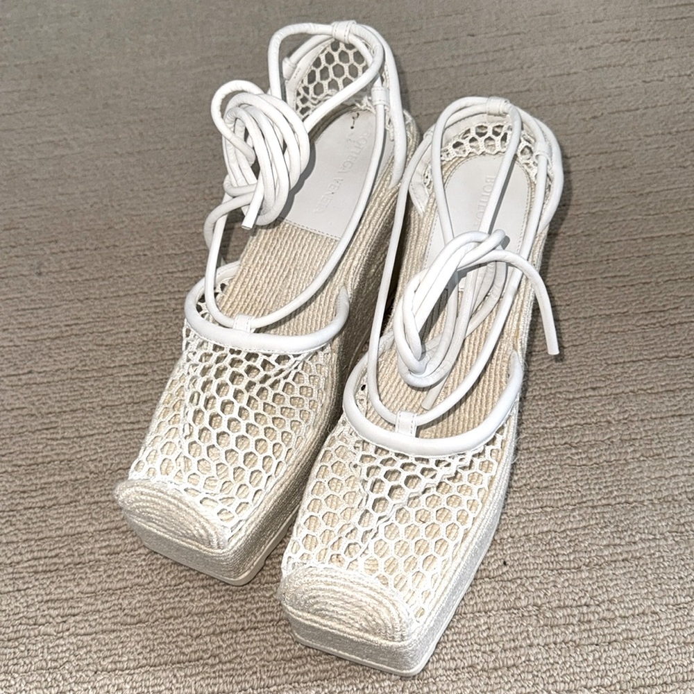 Bottega Veneta White Sporty Web Wedge Espadrilles - Authentic